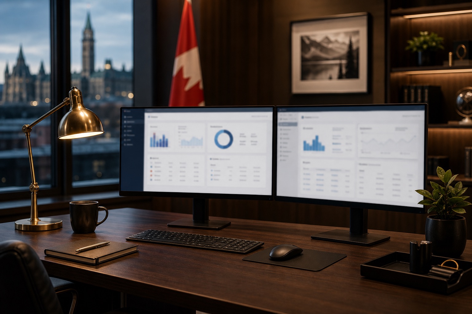 Dealer operations workspace with monitors for compliance and reporting